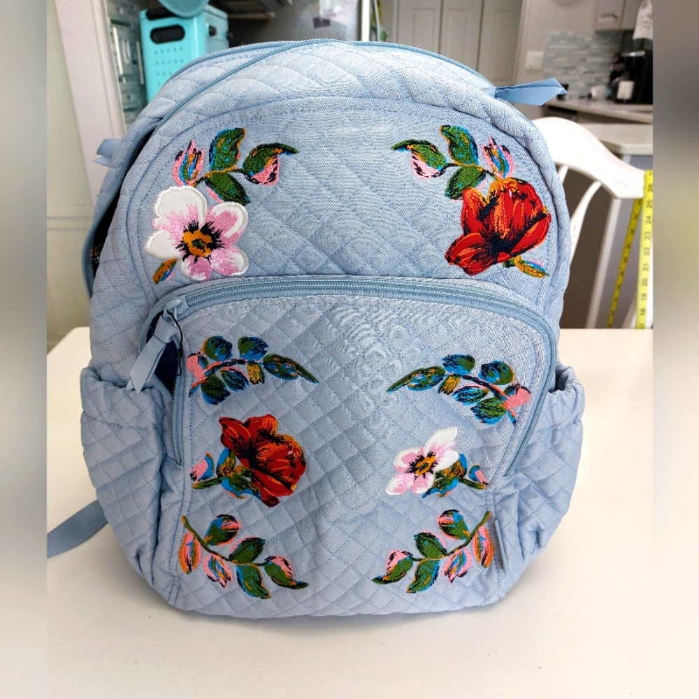 Vera Bradley Campus Backpack Sea Air Floral Embroidered Denim NWOT